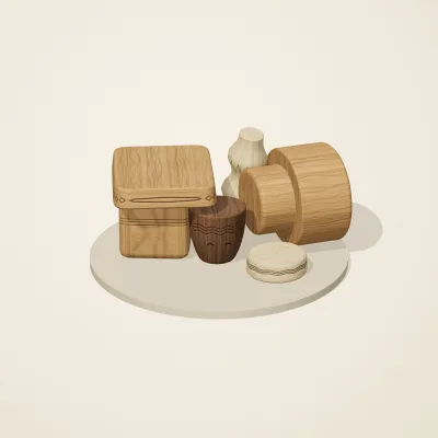 The six parts of Alpine Woodcraft No. 33 in a loose pile on a round stand