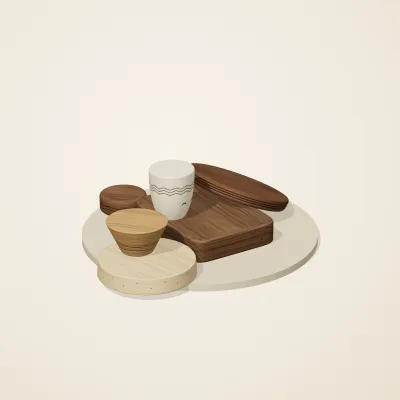 The six parts of Alpine Woodcraft No. 34 in a loose pile on a round stand