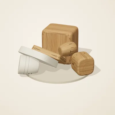 The six parts of Alpine Woodcraft No. 35 in a loose pile on a round stand