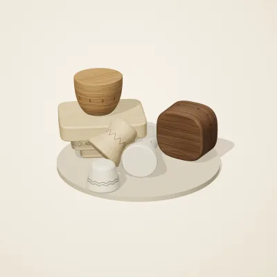 The six parts of Alpine Woodcraft No. 37 in a loose pile on a round stand