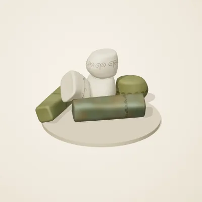 The six parts of Art Nouveau No. 4 in a loose pile on a round stand