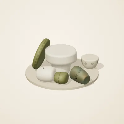 The six parts of Art Nouveau No. 5 in a loose pile on a round stand