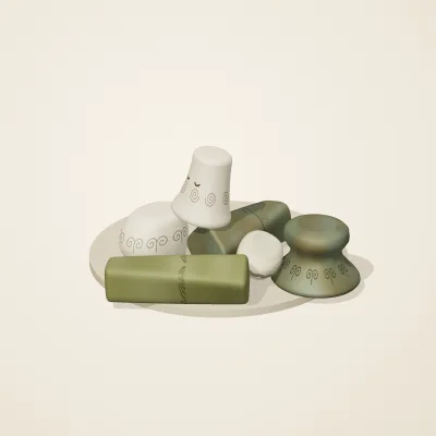 The six parts of Art Nouveau No. 13 in a loose pile on a round stand