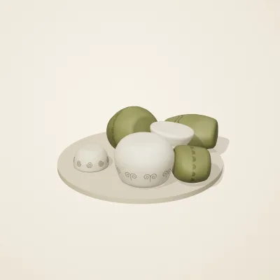 The six parts of Art Nouveau No. 15 in a loose pile on a round stand