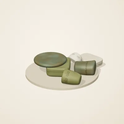 The six parts of Art Nouveau No. 28 in a loose pile on a round stand