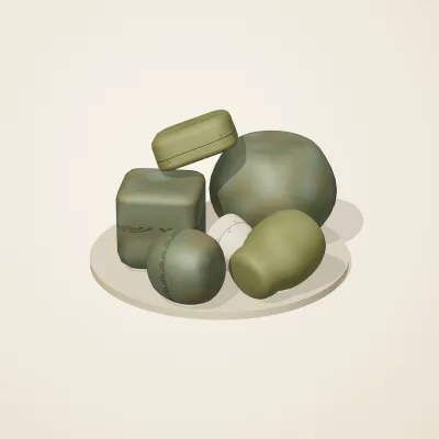 The six parts of Art Nouveau No. 32 in a loose pile on a round stand