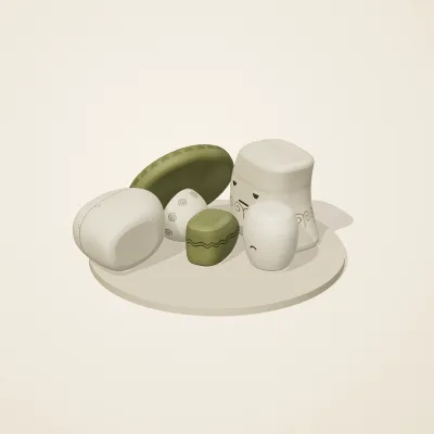 The six parts of Art Nouveau No. 34 in a loose pile on a round stand