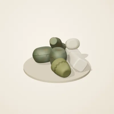 The six parts of Art Nouveau No. 38 in a loose pile on a round stand