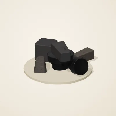 The six parts of Obsidian Temple No. 3 in a loose pile on a round stand