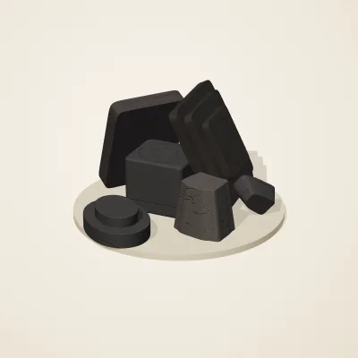 The six parts of Obsidian Temple No. 6 in a loose pile on a round stand