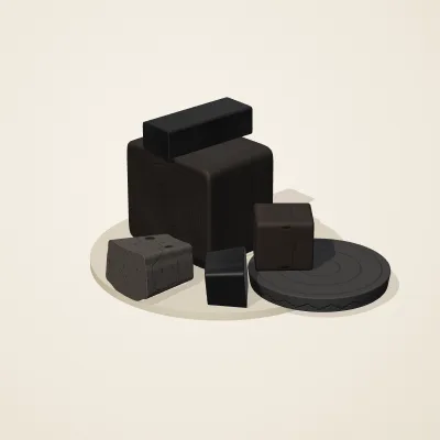 The six parts of Obsidian Temple No. 9 in a loose pile on a round stand