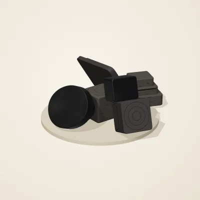 The six parts of Obsidian Temple No. 11 in a loose pile on a round stand