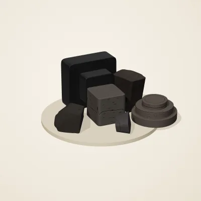 The six parts of Obsidian Temple No. 12 in a loose pile on a round stand