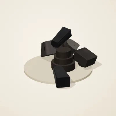 The six parts of Obsidian Temple No. 13 in a loose pile on a round stand