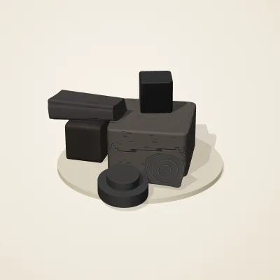 The six parts of Obsidian Temple No. 14 in a loose pile on a round stand