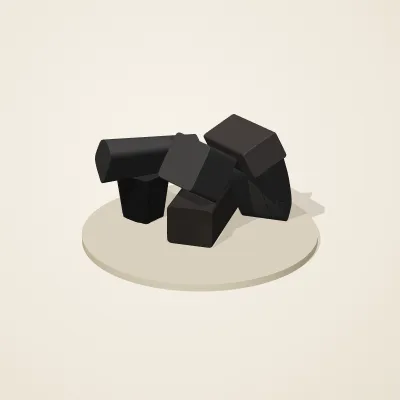 The six parts of Obsidian Temple No. 15 in a loose pile on a round stand