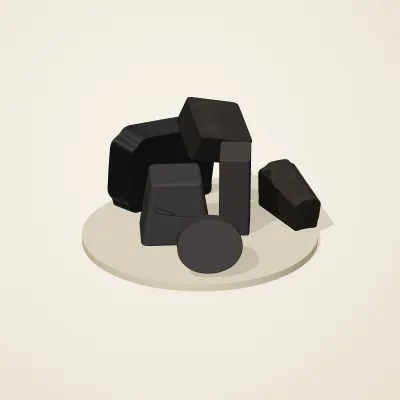 The six parts of Obsidian Temple No. 20 in a loose pile on a round stand