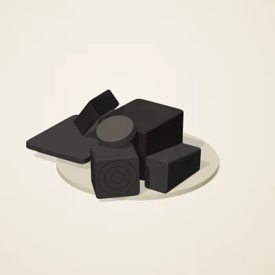 The six parts of Obsidian Temple No. 21 in a loose pile on a round stand