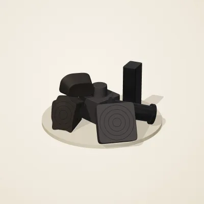 The six parts of Obsidian Temple No. 26 in a loose pile on a round stand