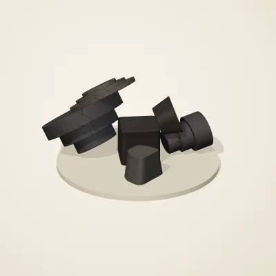 The six parts of Obsidian Temple No. 31 in a loose pile on a round stand