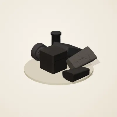 The six parts of Obsidian Temple No. 32 in a loose pile on a round stand