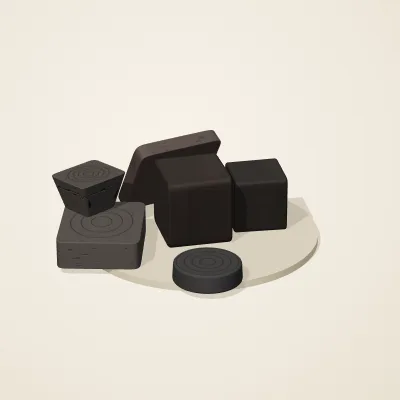 The six parts of Obsidian Temple No. 37 in a loose pile on a round stand