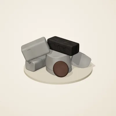 The six parts of Ashen Relics No. 4 in a loose pile on a round stand