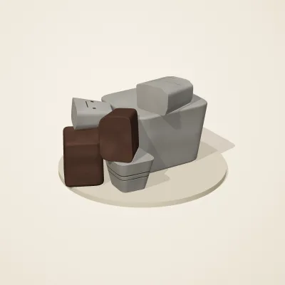 The six parts of Ashen Relics No. 8 in a loose pile on a round stand
