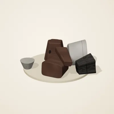 The six parts of Ashen Relics No. 15 in a loose pile on a round stand