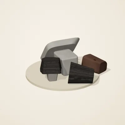 The six parts of Ashen Relics No. 18 in a loose pile on a round stand