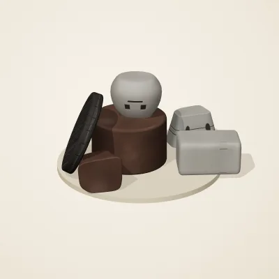 The six parts of Ashen Relics No. 24 in a loose pile on a round stand