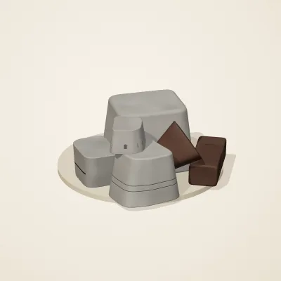 The six parts of Ashen Relics No. 28 in a loose pile on a round stand