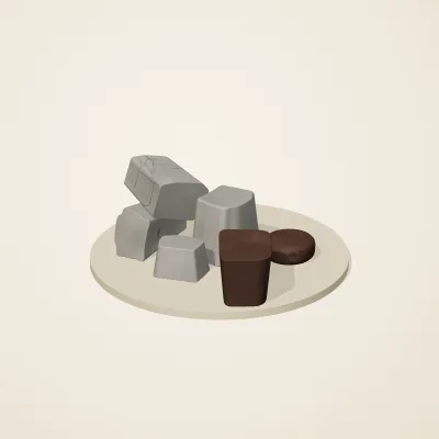 The six parts of Ashen Relics No. 29 in a loose pile on a round stand