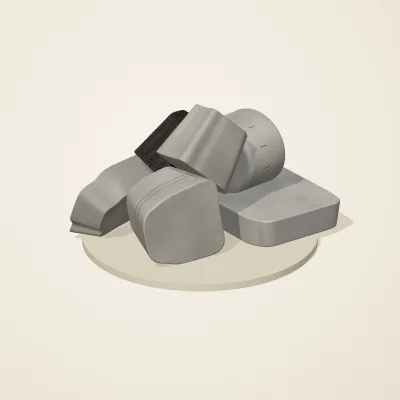 The six parts of Ashen Relics No. 33 in a loose pile on a round stand