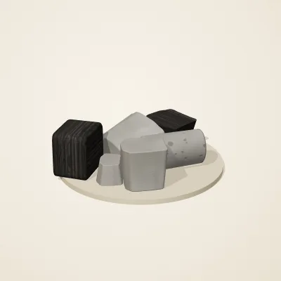 The six parts of Ashen Relics No. 34 in a loose pile on a round stand