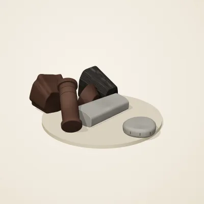 The six parts of Ashen Relics No. 36 in a loose pile on a round stand