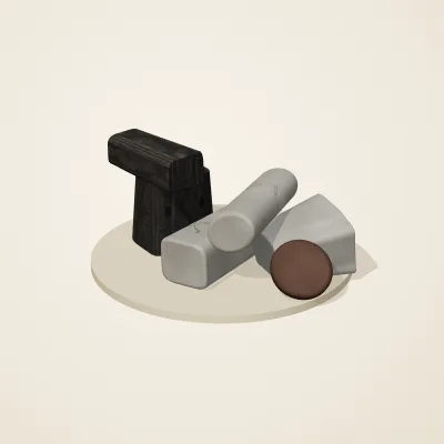 The six parts of Ashen Relics No. 38 in a loose pile on a round stand