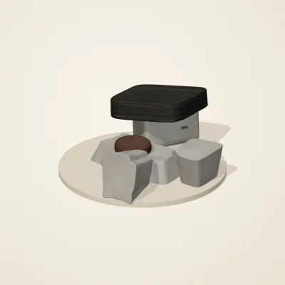 The six parts of Ashen Relics No. 39 in a loose pile on a round stand