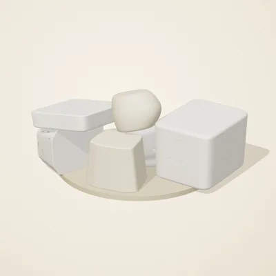 The six parts of Salt Monuments No. 2 in a loose pile on a round stand