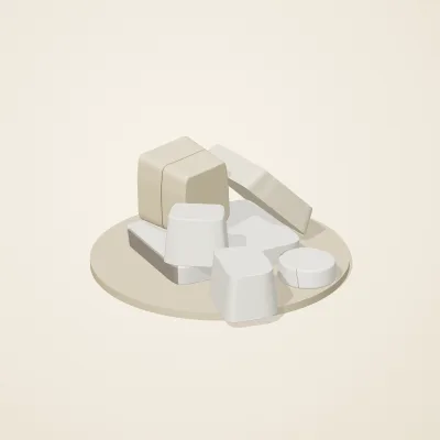 The six parts of Salt Monuments No. 4 in a loose pile on a round stand