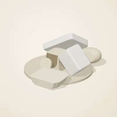 The six parts of Salt Monuments No. 7 in a loose pile on a round stand