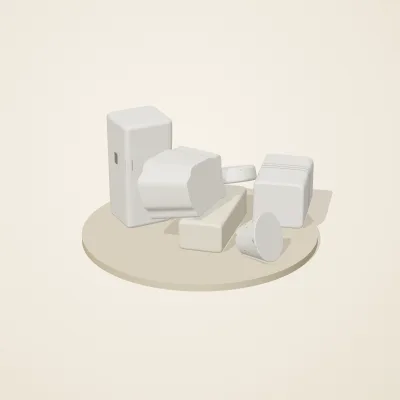 The six parts of Salt Monuments No. 8 in a loose pile on a round stand