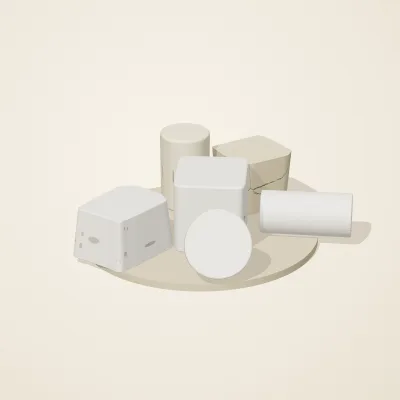 The six parts of Salt Monuments No. 14 in a loose pile on a round stand