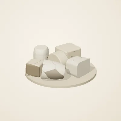 The six parts of Salt Monuments No. 16 in a loose pile on a round stand