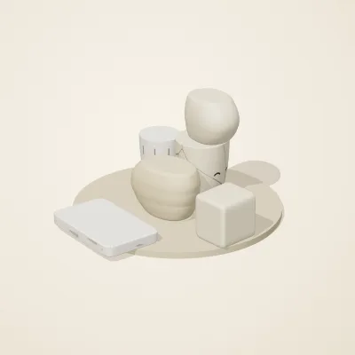 The six parts of Salt Monuments No. 19 in a loose pile on a round stand