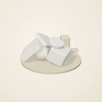 The six parts of Salt Monuments No. 25 in a loose pile on a round stand
