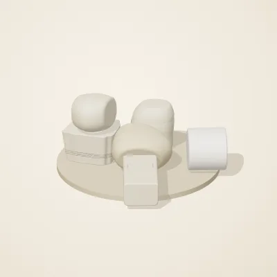 The six parts of Salt Monuments No. 26 in a loose pile on a round stand