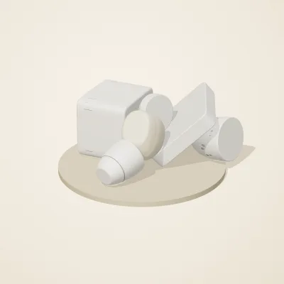 The six parts of Salt Monuments No. 29 in a loose pile on a round stand