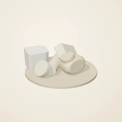 The six parts of Salt Monuments No. 30 in a loose pile on a round stand