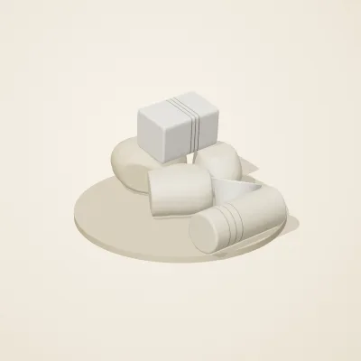 The six parts of Salt Monuments No. 31 in a loose pile on a round stand